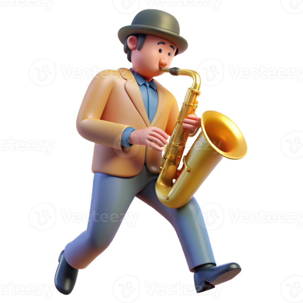 beautiful traditional Street musician playing a saxophone in a busy square, dynamic pose, warm street lighting, candid style premium png