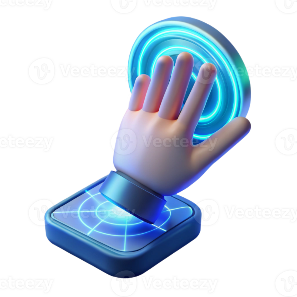 extraordinary creative A human hand reaching out to touch a holographic interface, illuminated by a soft, blue light, rendered in a futuristic, interactive style genuine png