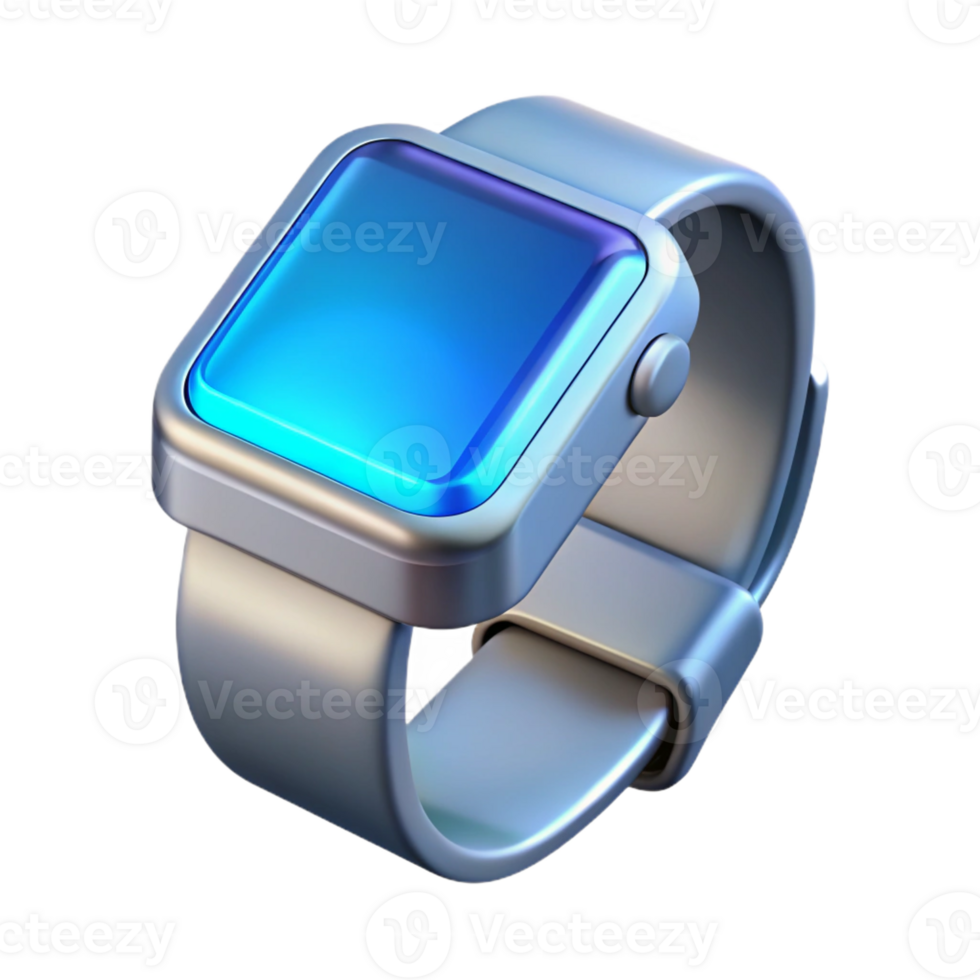 wonderful classic A single, sleek, silver smartwatch displaying a complex holographic interface, illuminated by a crisp, cool blue light, rendered in a minimalist, product design style original png