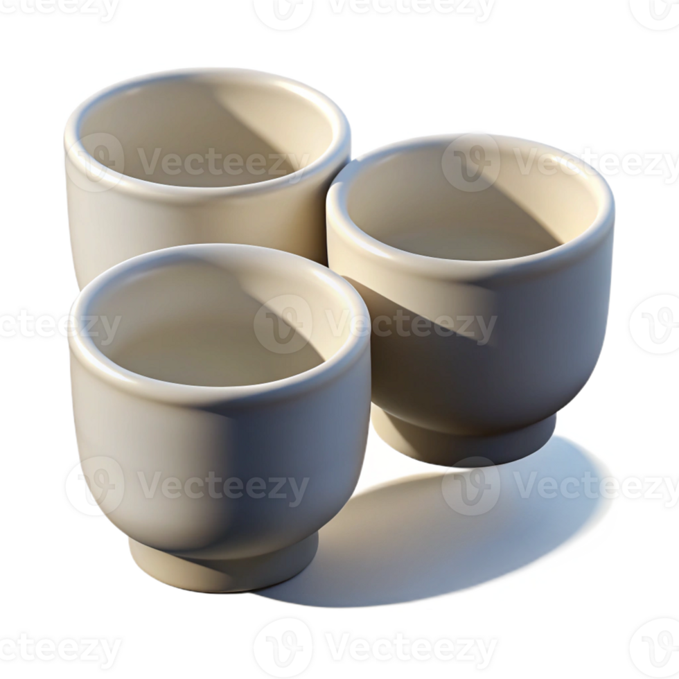 beautiful classic Three perfectly aligned, white porcelain espresso cups, casting long, dramatic shadows from a low, warm light source authentic png