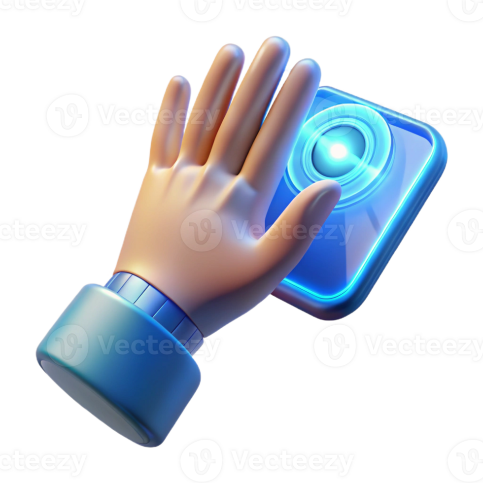 magnificent abstract A human hand reaching out to touch a holographic interface, illuminated by a soft, blue light, rendered in a futuristic, interactive style 4K png