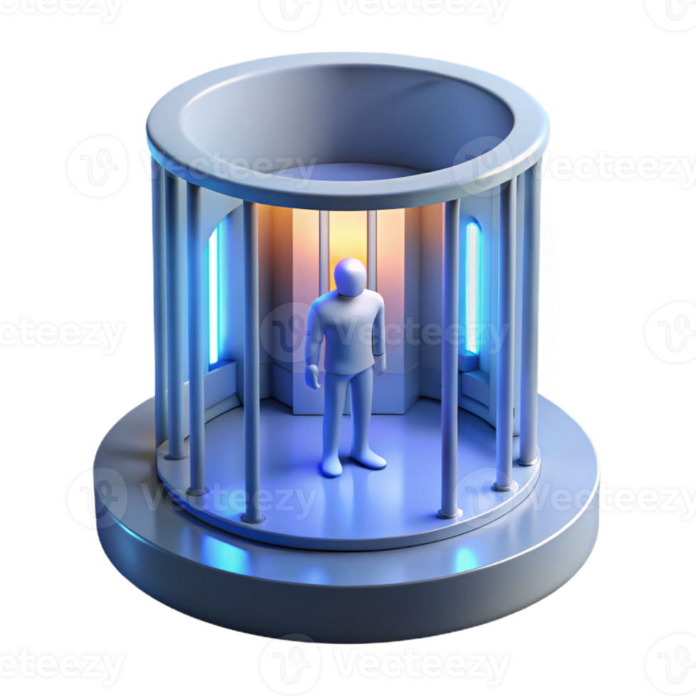 magnificent abstract A futuristic prison cell containing a lone figure, lit by a single harsh light, minimalist and oppressive, 4K png