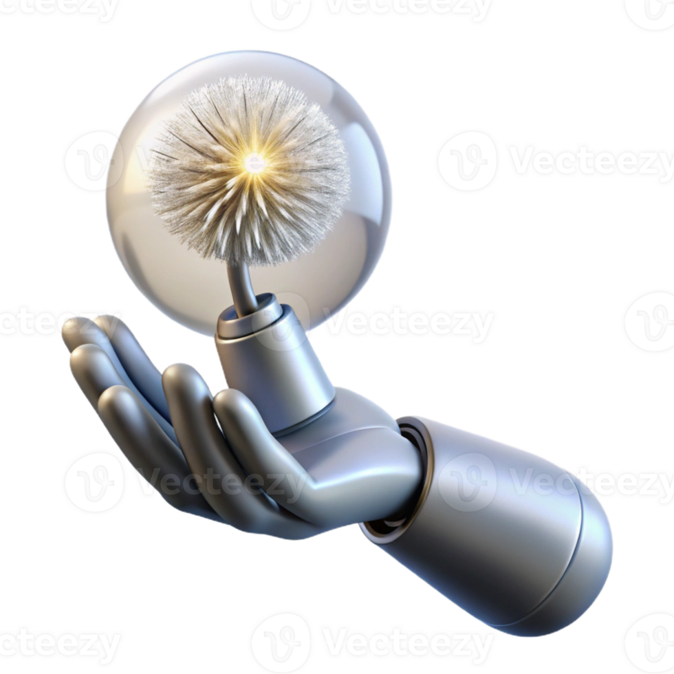 vibrant rustic A chrome robotic hand delicately holding a single dandelion seed, lit by a soft, warm spotlight from above, in a photorealistic style professional png