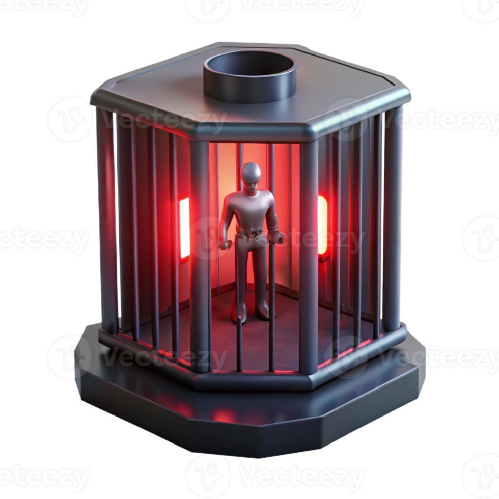 magnificent contemporary A futuristic prison cell, with a lone figure trapped inside, illuminated by a flickering red light. Dark, oppressive, and realistic style original png