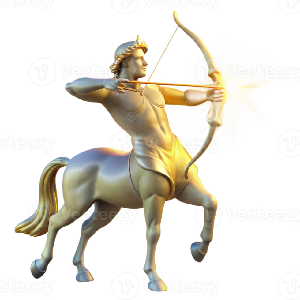 elegant contemporary A stoic centaur archer, aiming his bow towards the heavens, lit by the golden rays of dawn, classical Greek sculpture style premium png