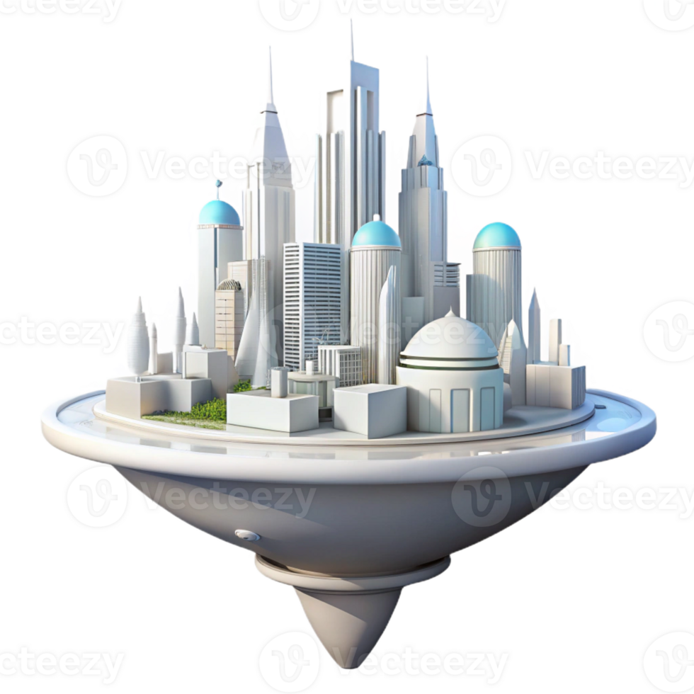 beautiful modern A futuristic floating city, sleek white architecture, bright sunlight, utopian style 4K png