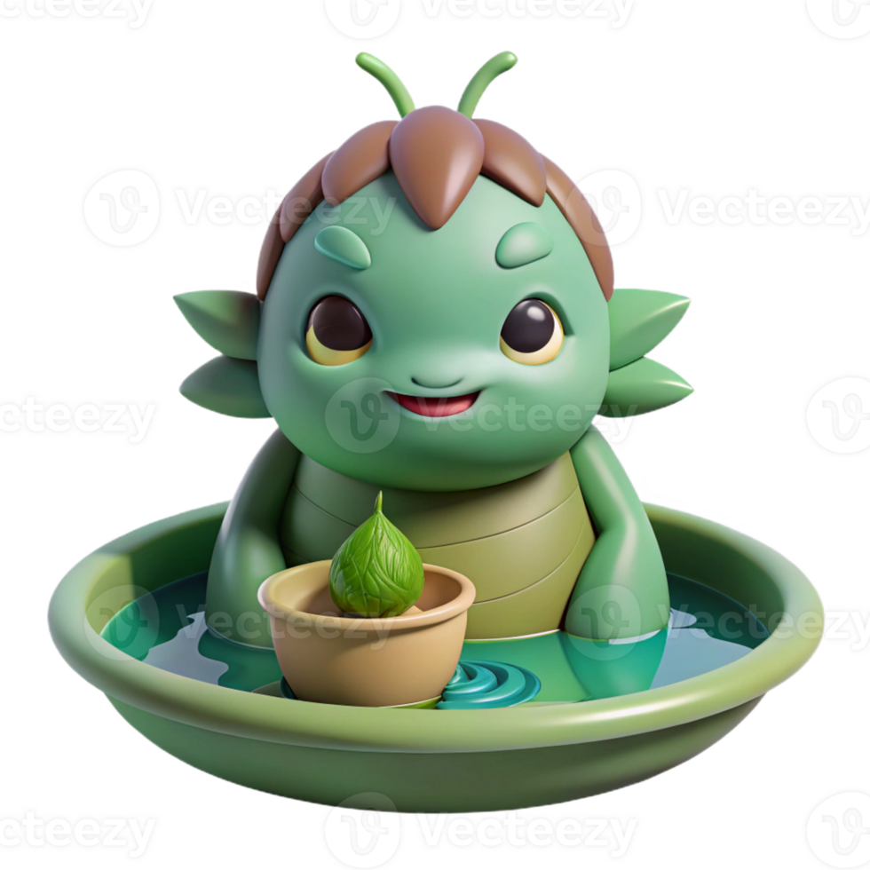 stunning traditional A mischievous Japanese Kappa, water demon, with a bowl of water on its head, lurking in a pond. Anime style high quality png