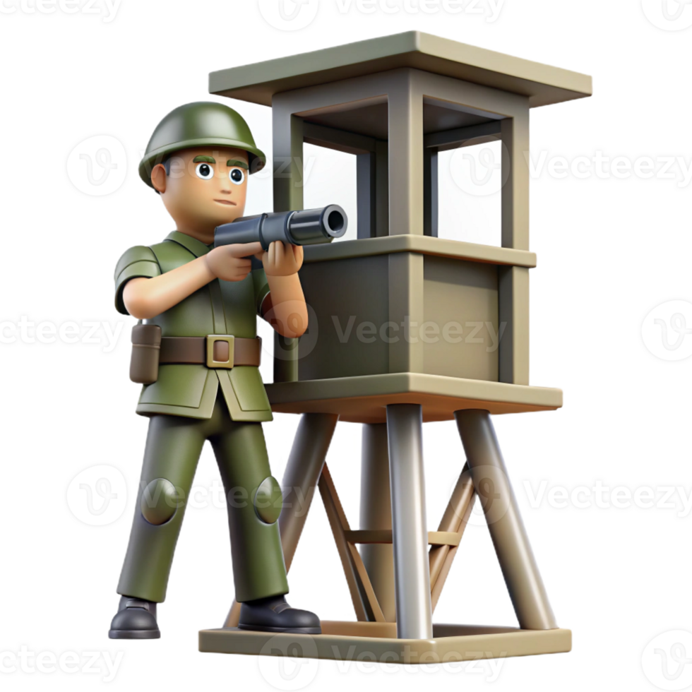 serene abstract A soldier stands guard in a watchtower, scanning the horizon for threats. Vigilant pose, military realism style high resolution png