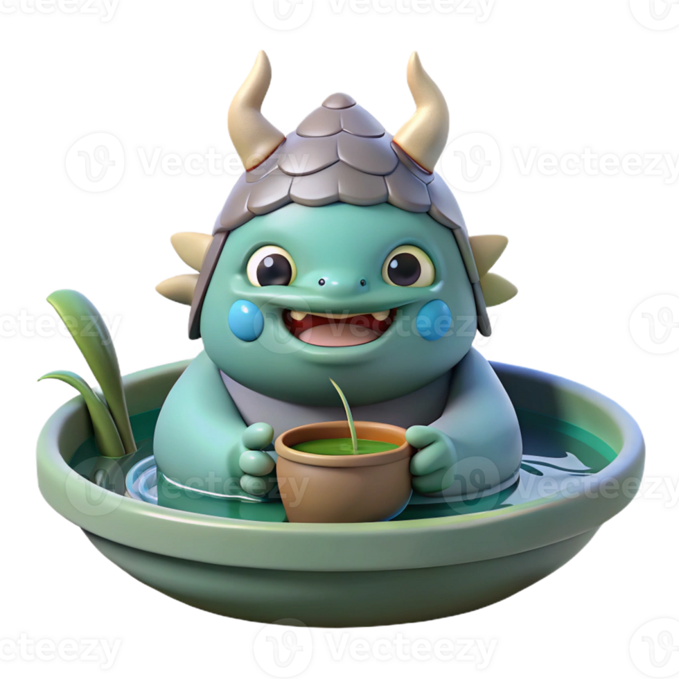 impressive abstract A mischievous Japanese Kappa, water demon, with a bowl of water on its head, lurking in a pond. Anime style authentic png