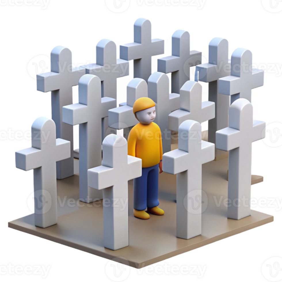 elegant creative A lone figure stands amidst a field of white crosses, mourning the fallen. Somber lighting, memorial style exclusive png