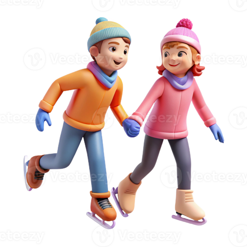 impressive rustic A couple ice skating hand-in-hand, winter lighting, romantic cartoon style 4K png