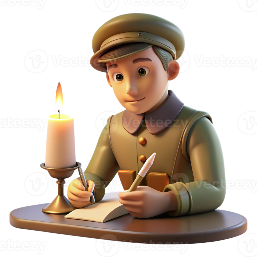 vibrant abstract A young soldier writes a letter home by the light of a flickering candle. Warm, intimate lighting, vintage style genuine png