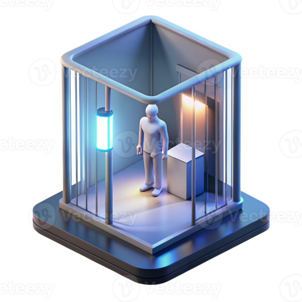 impressive traditional A futuristic prison cell containing a lone figure, lit by a single harsh light, minimalist and oppressive, premium png