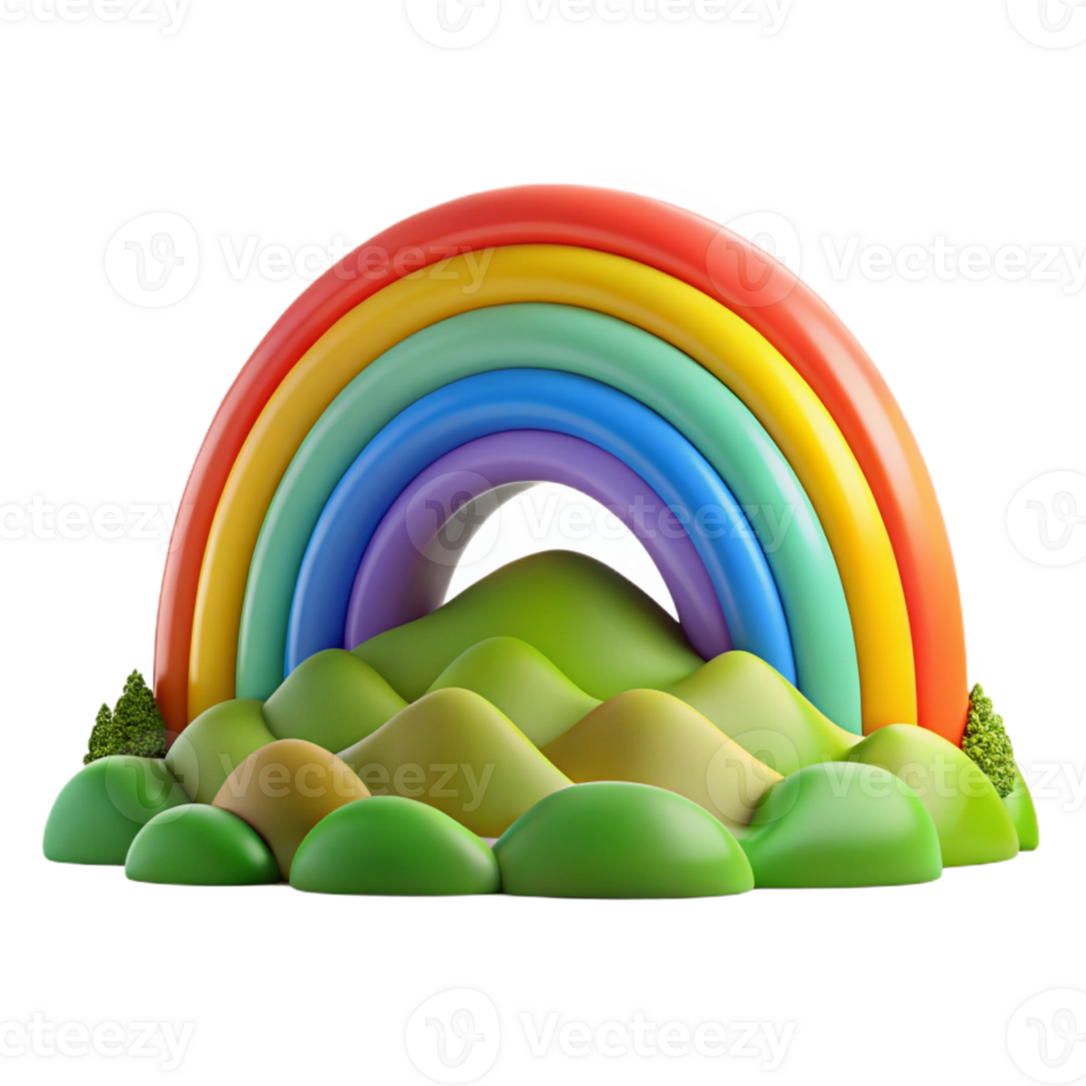 elegant artistic A vibrant rainbow arching over a green valley, panoramic view, vibrant colors, fantasy style detailed png