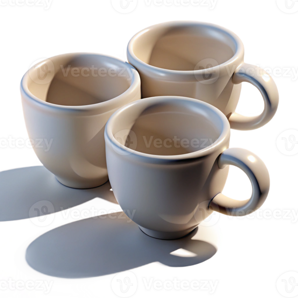elegant creative Three perfectly aligned, white porcelain espresso cups, casting long, dramatic shadows from a low, warm light source genuine png