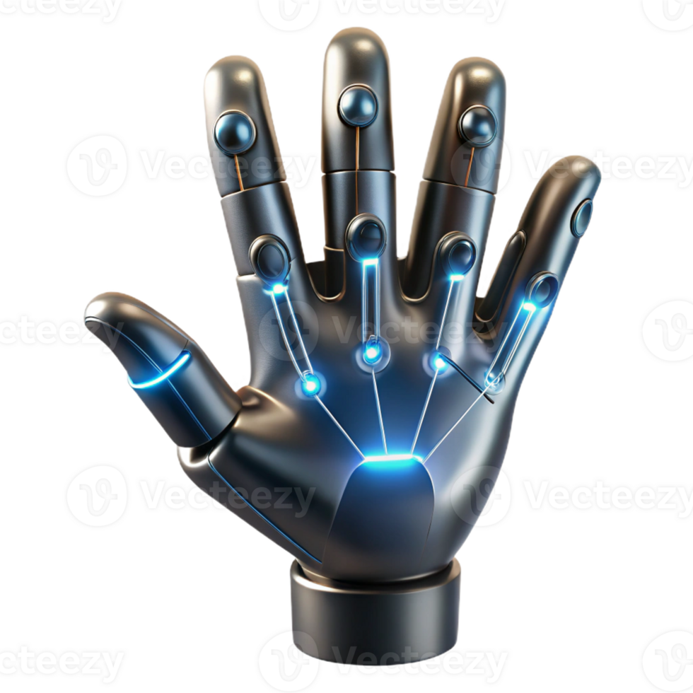 vibrant contemporary A human hand with articulated finger extensions made of brushed steel and glowing wires, dramatic chiaroscuro lighting, bioluminescent style exclusive png