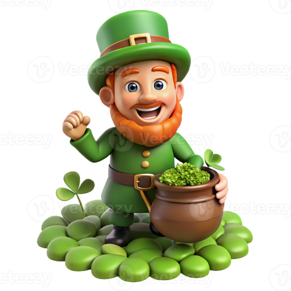 impressive minimalist A mischievous leprechaun, with a pot of gold at his feet, hiding amongst a patch of four-leaf clovers, bright, cheerful lighting. Cartoon style detailed png