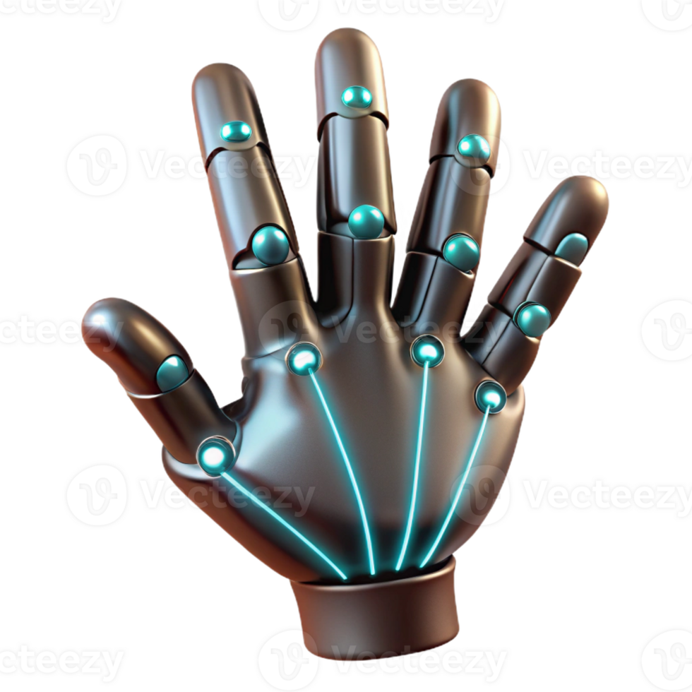 dramatic traditional A human hand with articulated finger extensions made of brushed steel and glowing wires, dramatic chiaroscuro lighting, bioluminescent style authentic png