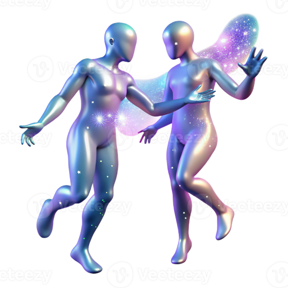 beautiful creative Two celestial beings, formed from pure light, engaged in a cosmic dance amidst a shower of shimmering stardust. Dreamlike, ethereal style exclusive png