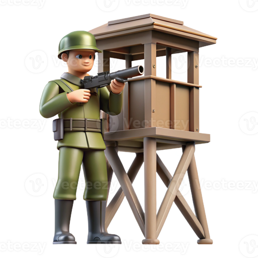 wonderful rustic A soldier stands guard in a watchtower, scanning the horizon for threats. Vigilant pose, military realism style original png