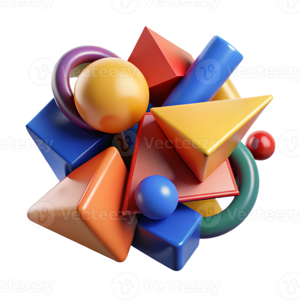 vibrant artistic A dynamic composition of fragmented shapes and forms, in bold, primary colors, illuminated by a harsh, contrasting light, with a cubist, abstract style high quality png