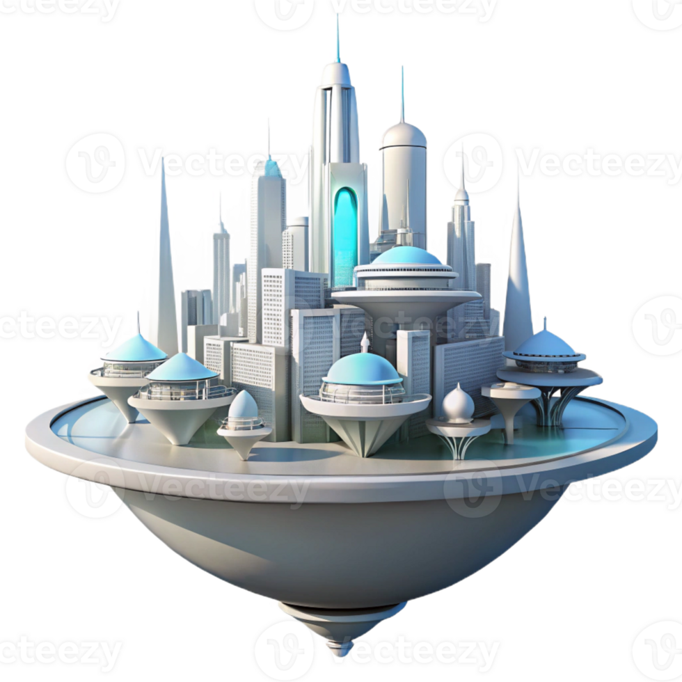 wonderful minimalist A futuristic floating city, sleek white architecture, bright sunlight, utopian style premium png