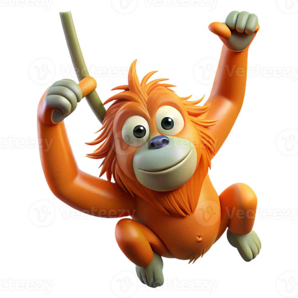 dramatic abstract A playful orangutan swinging through the trees, its orange fur illuminated by dappled sunlight, in a dynamic, cartoonish style high quality png