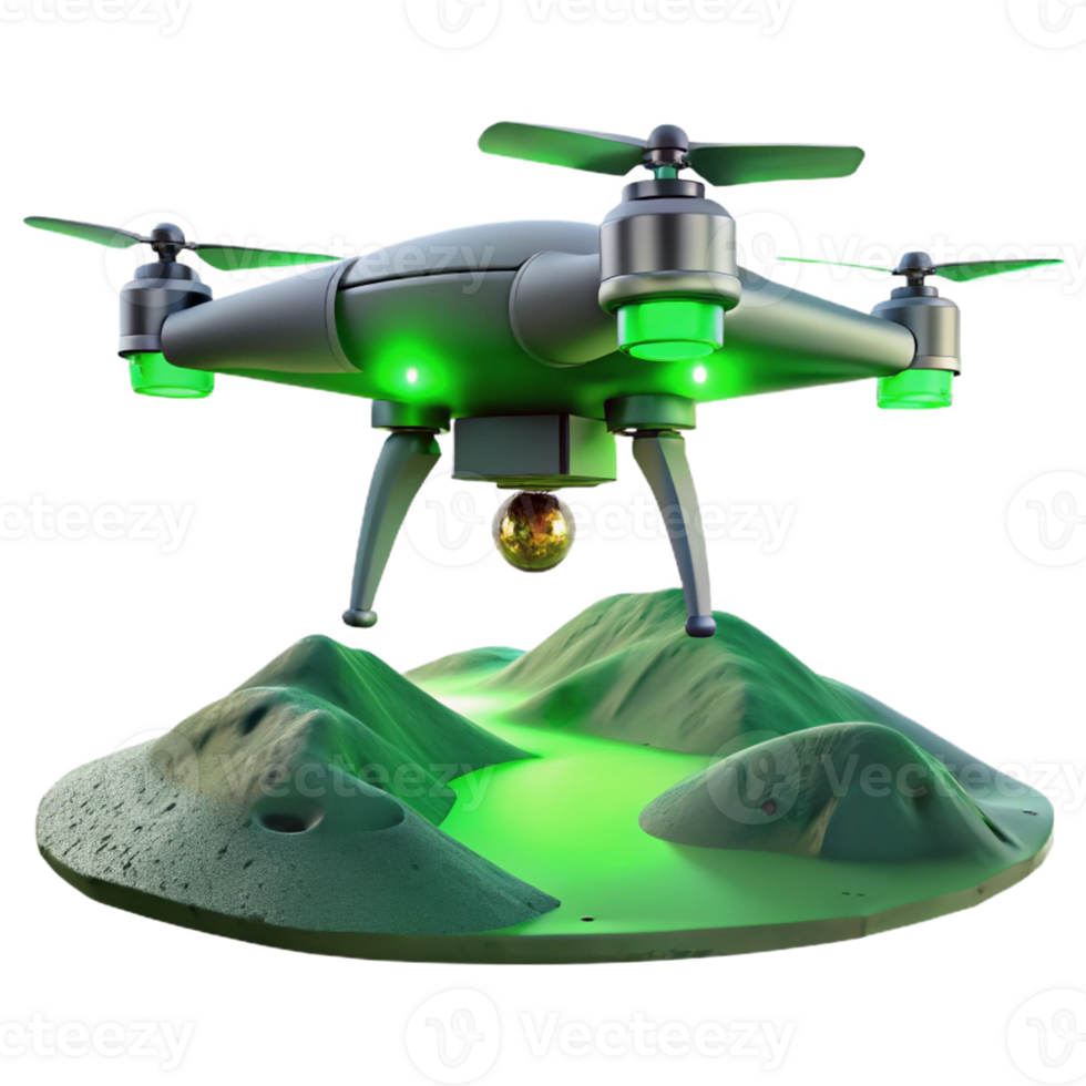 dramatic creative A solitary drone hovering over a desolate wasteland, illuminated by a sickly green sky, cinematic and ominous, premium png