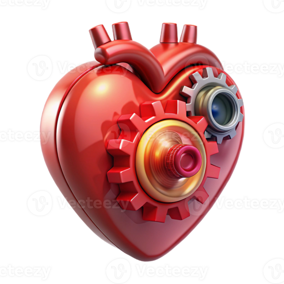 serene minimalist A giant, mechanical heart beating rhythmically, its gears and cogs exposed, bathed in a flickering, red light, Art Deco style exclusive png
