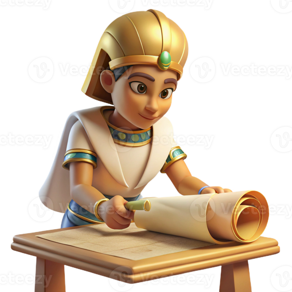 vibrant rustic An Egyptian scribe meticulously painting hieroglyphs onto a papyrus scroll, bathed in the warm, natural light streaming through a temple window. Realistic, detailed style genuine png