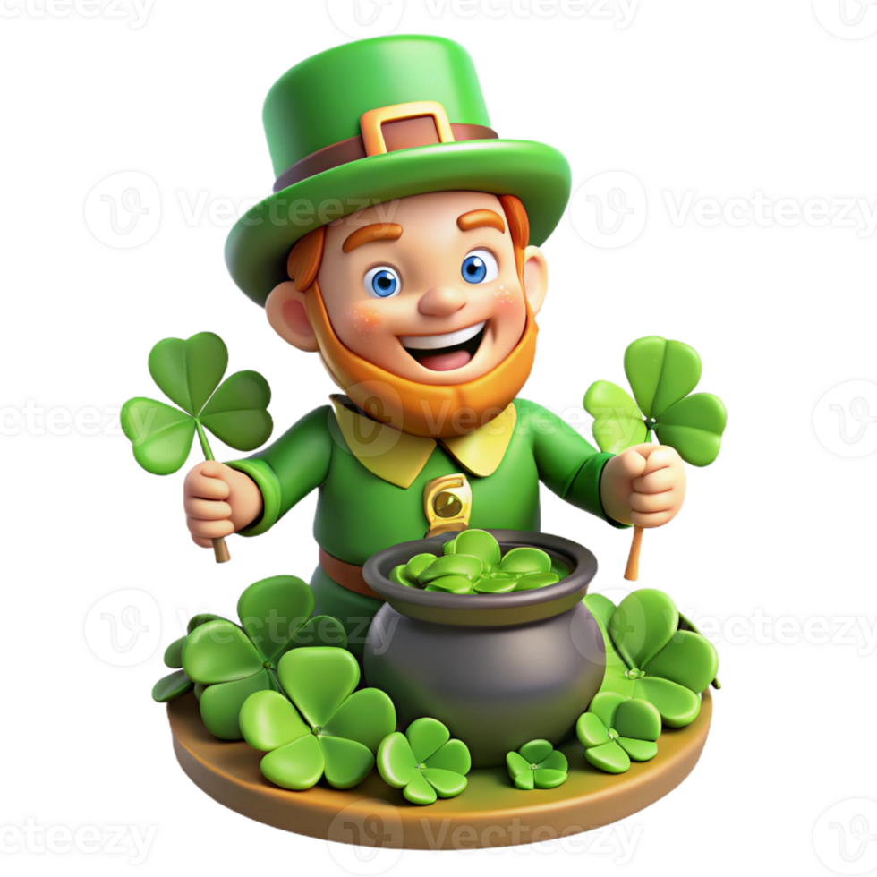 vibrant modern A mischievous leprechaun, with a pot of gold at his feet, hiding amongst a patch of four-leaf clovers, bright, cheerful lighting. Cartoon style premium png