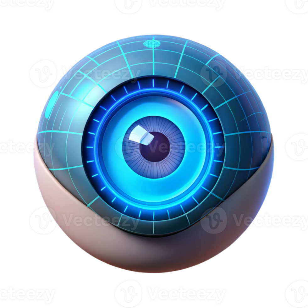 elegant abstract A single human eye with a digital HUD overlay displaying data, illuminated by a soft, blue light, in a cyberpunk style high quality png