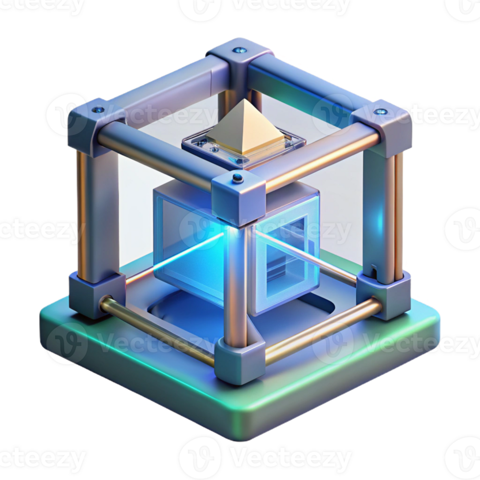 stunning minimalist A 3D printer creating a complex, geometric object layer by layer, illuminated by a focused laser beam, rendered in a technical, manufacturing style premium png
