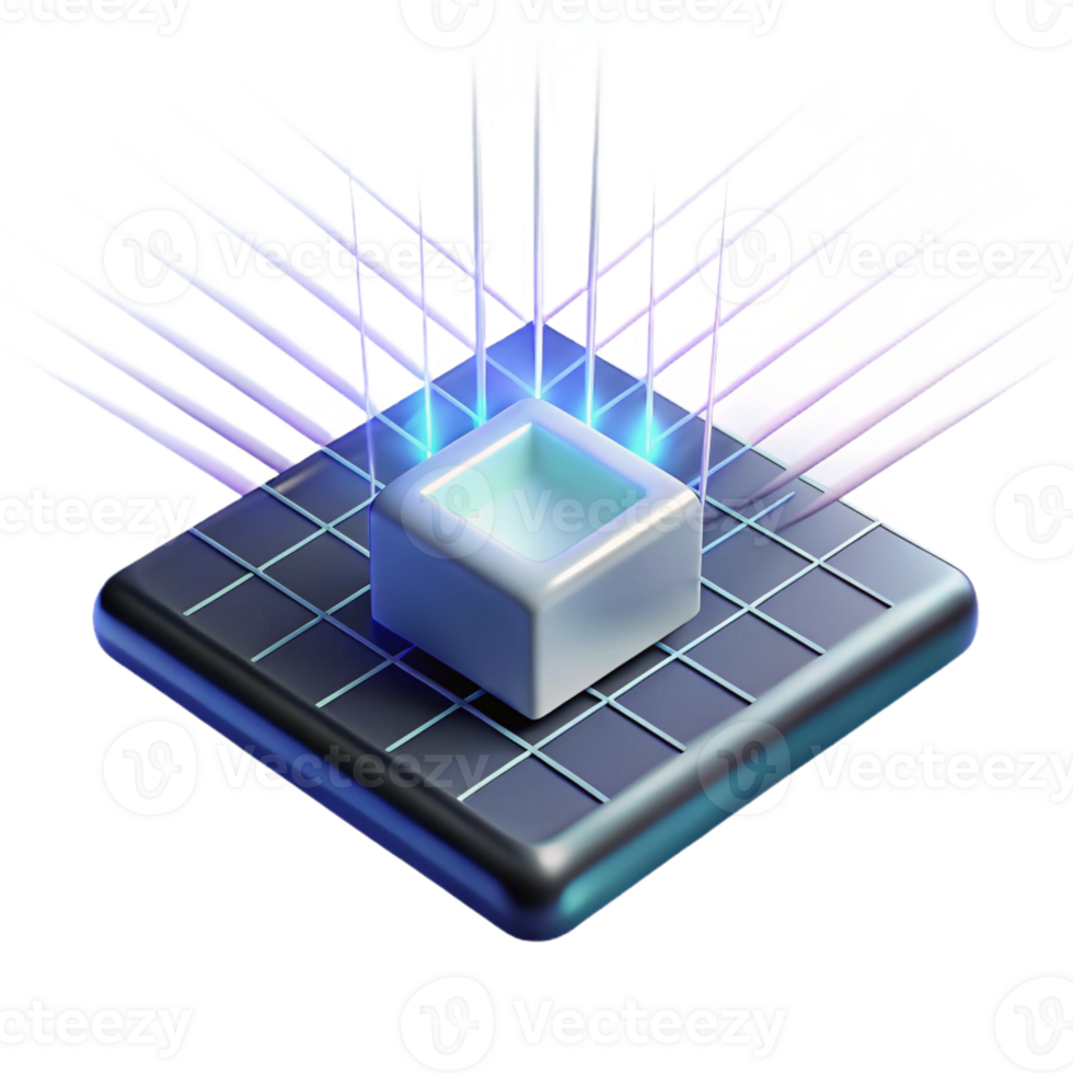 impressive classic A single microchip floating in a dark void, illuminated by a grid of thin, bright white laser beams, in a minimalist, abstract style exclusive png