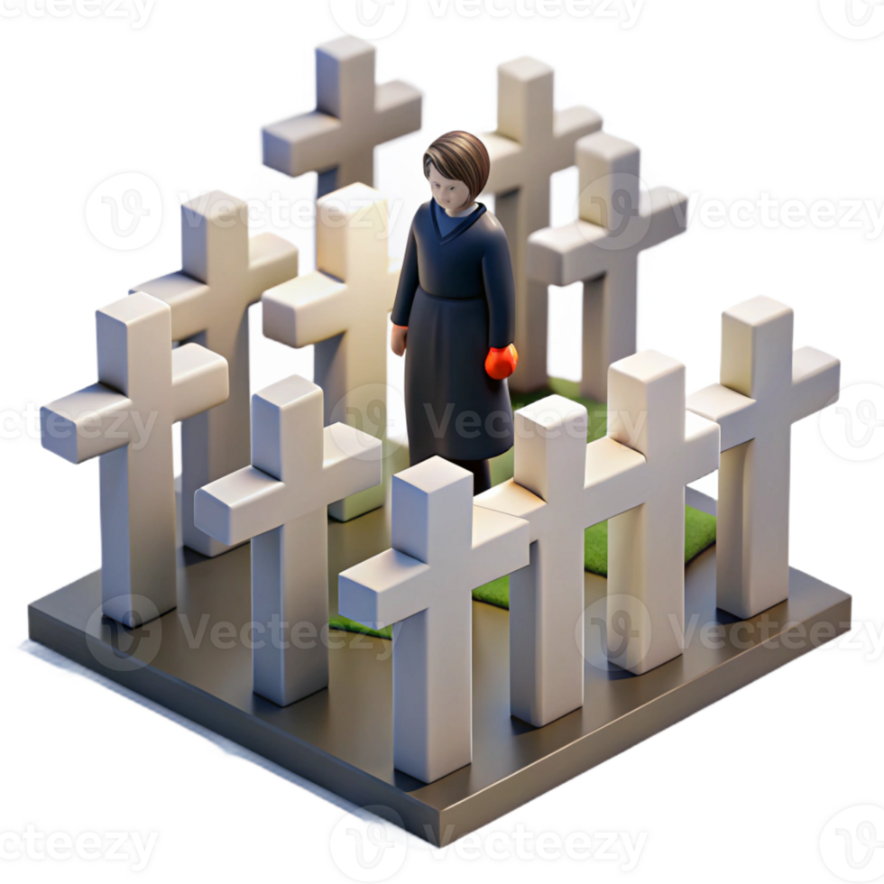 elegant contemporary A lone figure stands amidst a field of white crosses, mourning the fallen. Somber lighting, memorial style premium png