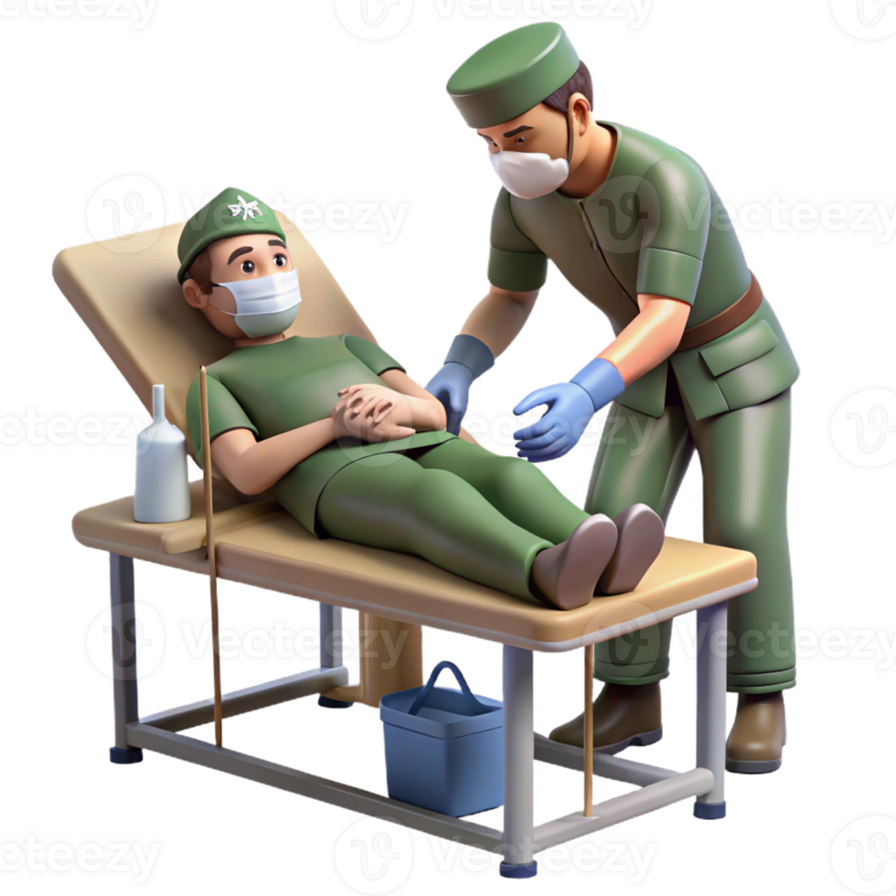 beautiful minimalist A medic tends to a wounded soldier in a makeshift field hospital. Somber lighting, documentary style detailed png
