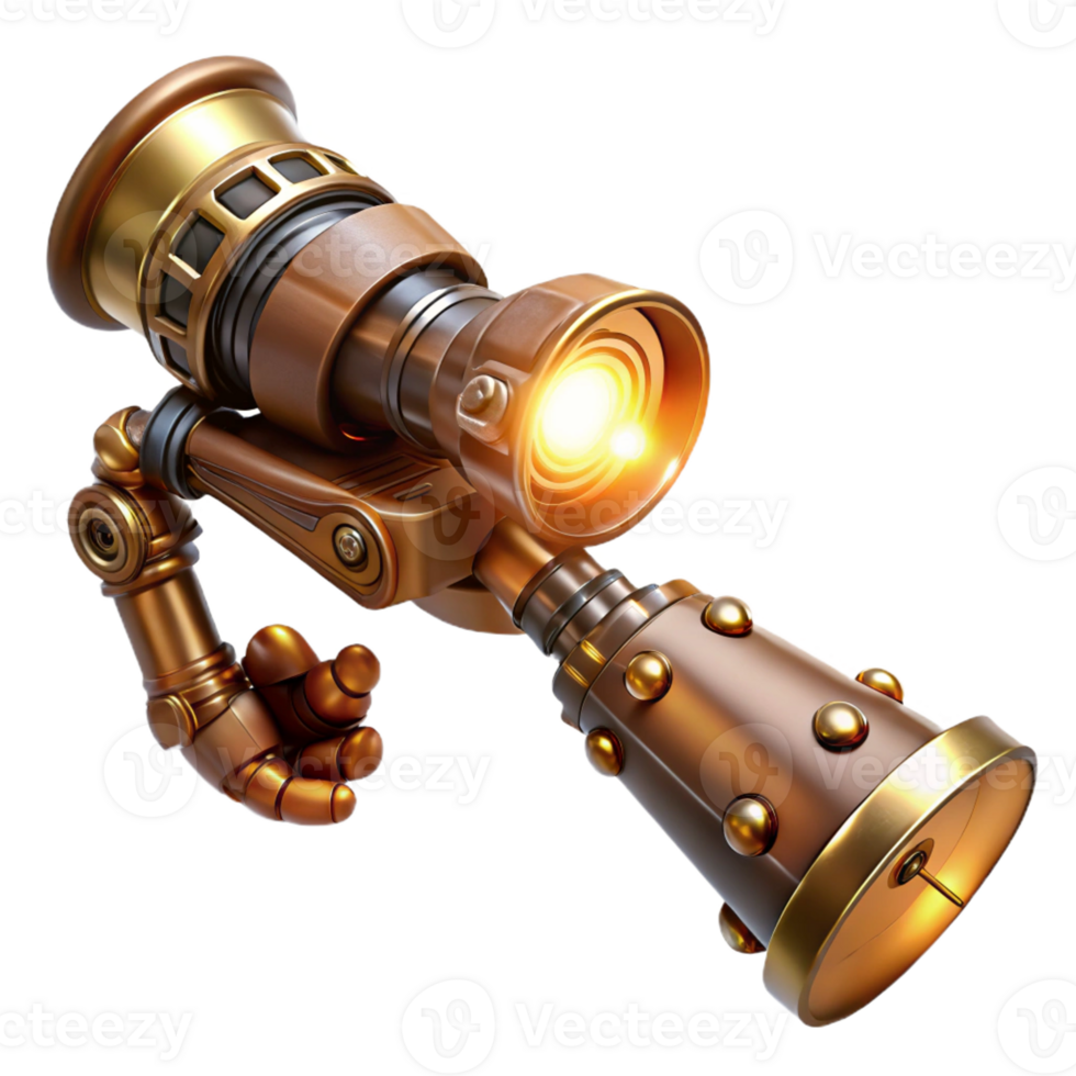 serene abstract A steampunk prosthetic arm, gleaming brass and polished wood, intricate clockwork mechanisms exposed, lit by a single spotlight, hyperrealistic style professional png