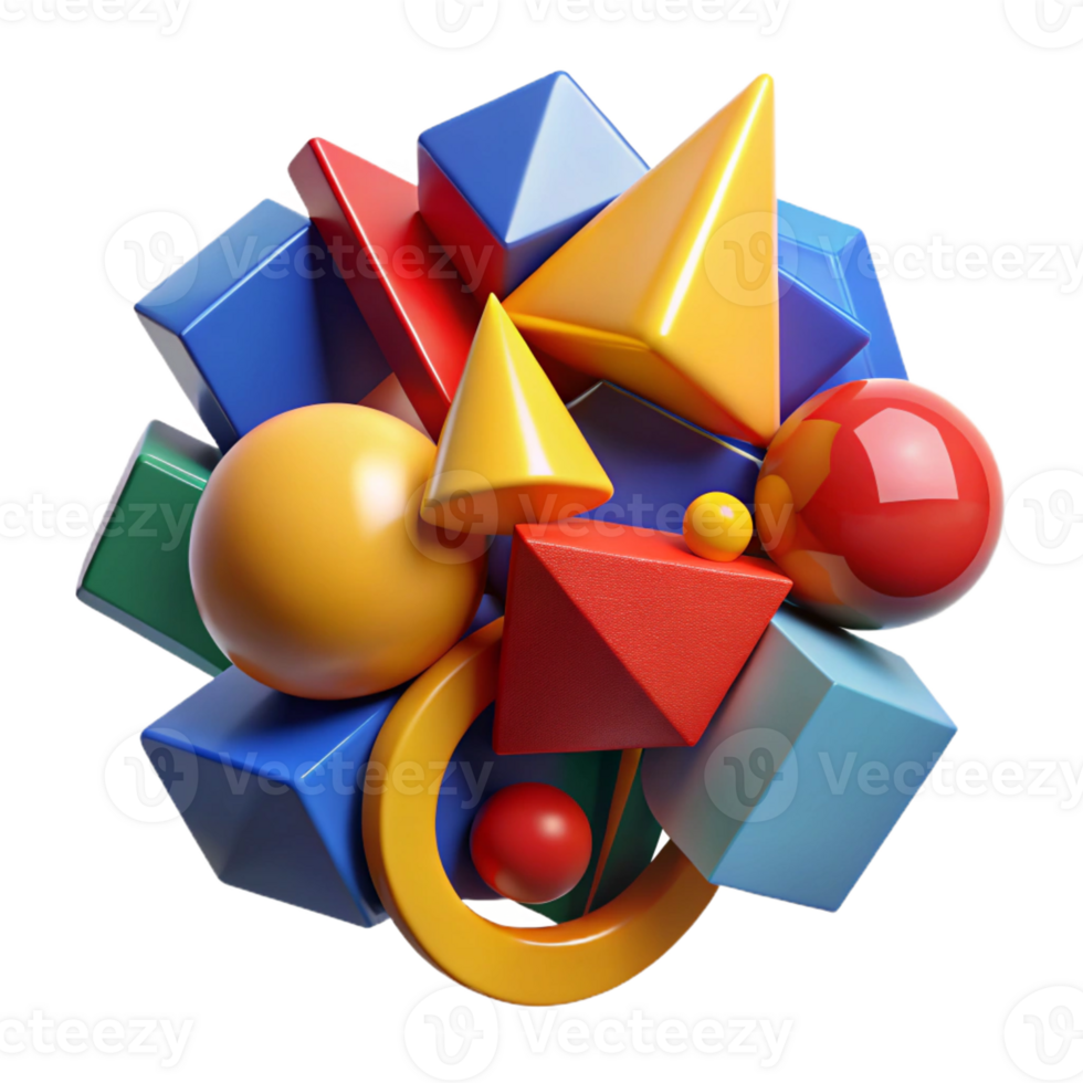extraordinary creative A dynamic composition of fragmented shapes and forms, in bold, primary colors, illuminated by a harsh, contrasting light, with a cubist, abstract style high resolution png