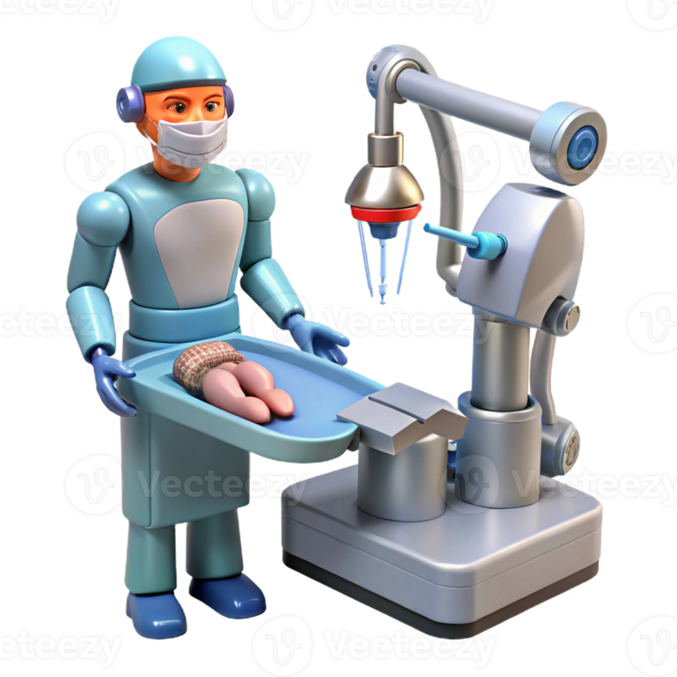 dramatic minimalist A robotic surgeon performing a minimally invasive surgery, guided by holographic anatomical projections. Medical illustration style 4K png