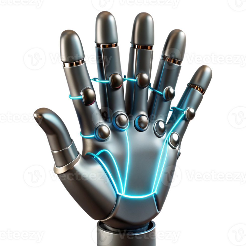 elegant traditional A human hand with articulated finger extensions made of brushed steel and glowing wires, dramatic chiaroscuro lighting, bioluminescent style exclusive png
