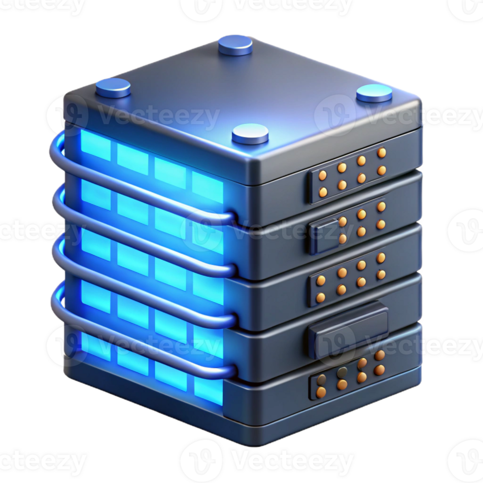 extraordinary creative A server rack with blinking lights and glowing cables, illuminated by a cool, blue server room light, in a photorealistic style high resolution png