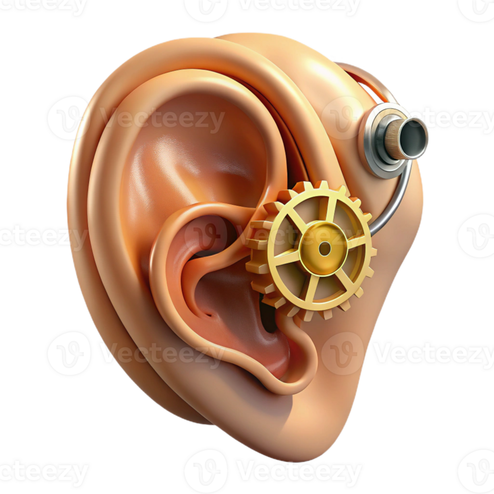 elegant modern A human ear with intricate gears and wires replacing the inner workings, warm, sepia lighting, steampunk style exclusive png