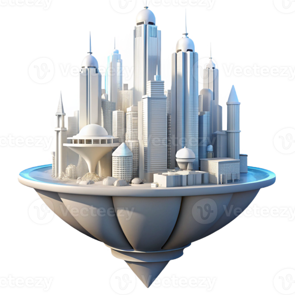 beautiful modern A futuristic floating city, sleek white architecture, bright sunlight, utopian style exclusive png