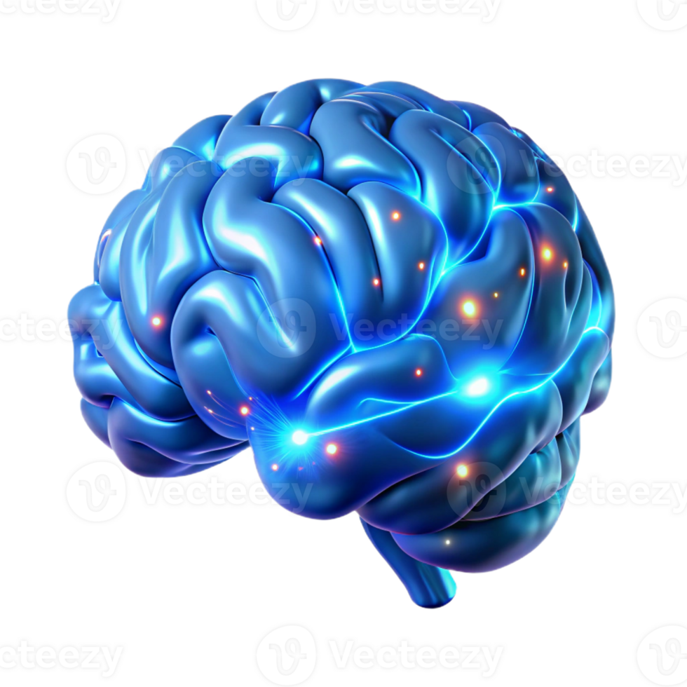 beautiful contemporary A holographic projection of a human brain, intricately detailed with neural pathways illuminated by pulsating blue light, rendered in a hyperrealistic style genuine png