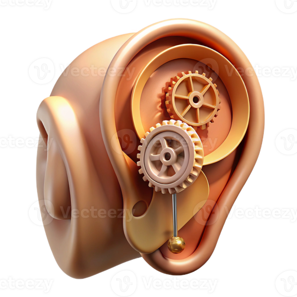 serene minimalist A human ear with intricate gears and wires replacing the inner workings, warm, sepia lighting, steampunk style genuine png