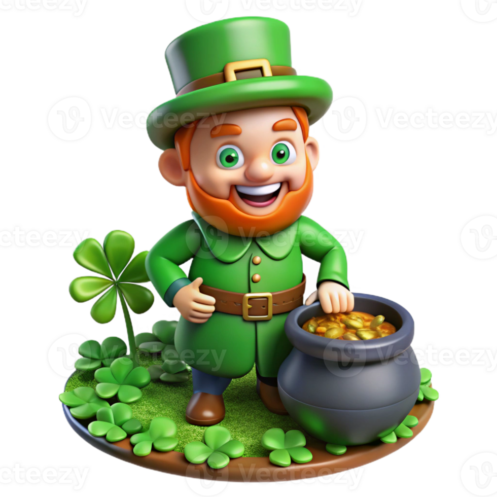 extraordinary rustic A mischievous leprechaun, with a pot of gold at his feet, hiding amongst a patch of four-leaf clovers, bright, cheerful lighting. Cartoon style premium png