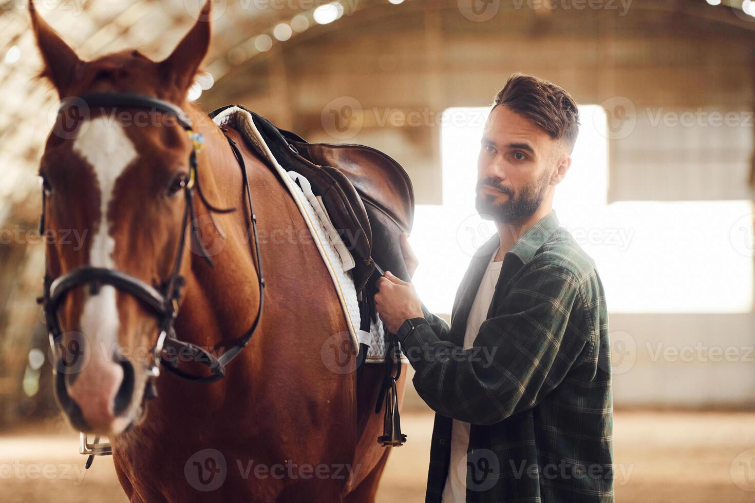 Installing ,the saddle.. Young man with a horse is in the hangar photo