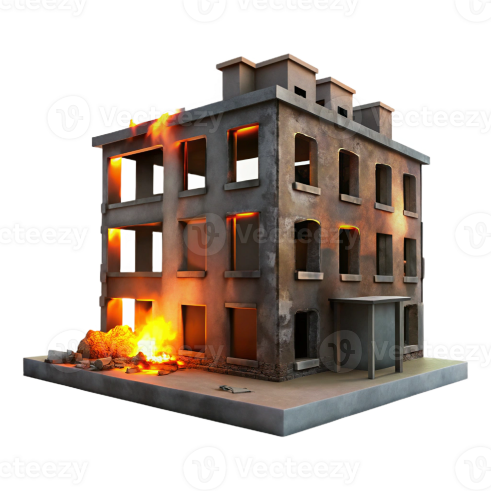 stunning modern A dilapidated building with broken windows and graffiti-covered walls, illuminated by the orange glow of a burning fire in the distance. Dark, urban, and gritty style authentic png