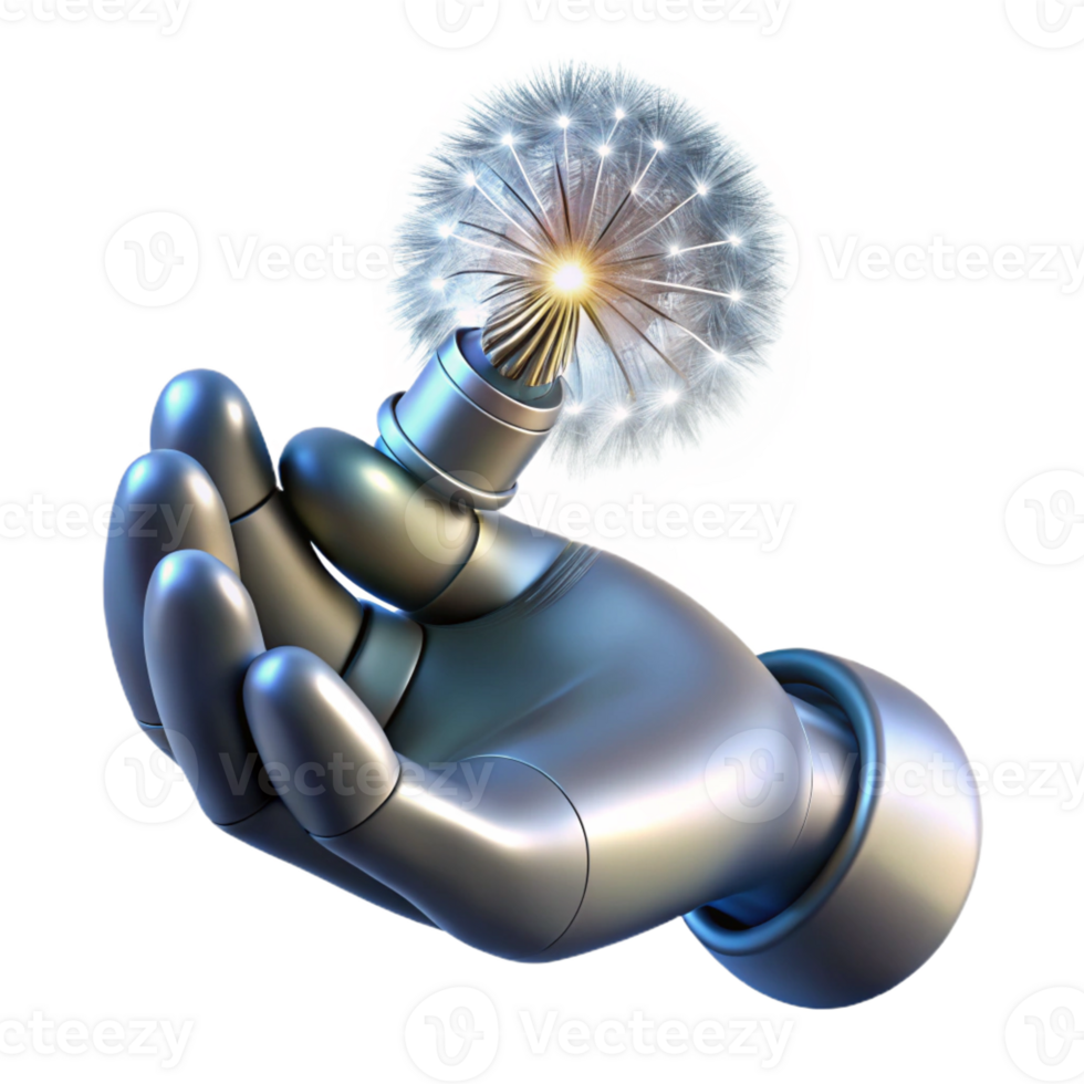 vibrant rustic A chrome robotic hand delicately holding a single dandelion seed, lit by a soft, warm spotlight from above, in a photorealistic style high resolution png