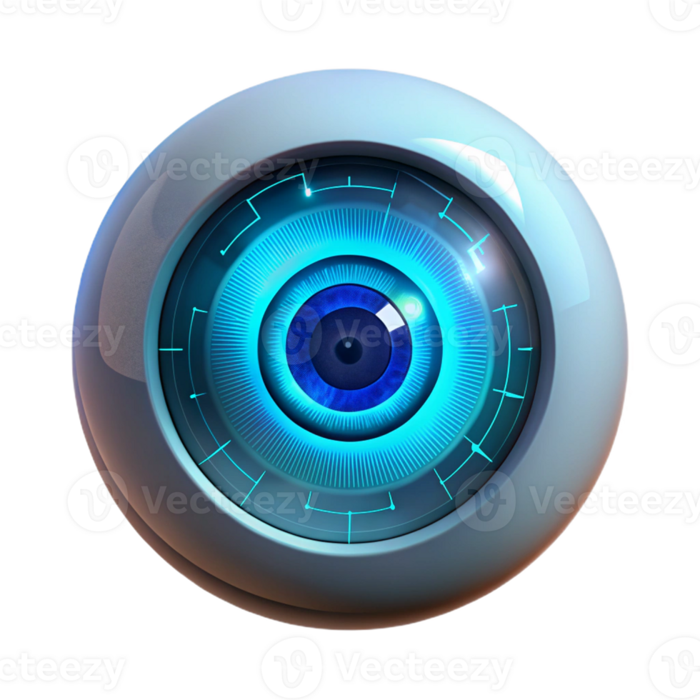 impressive rustic A single human eye with a digital HUD overlay displaying data, illuminated by a soft, blue light, in a cyberpunk style high resolution png
